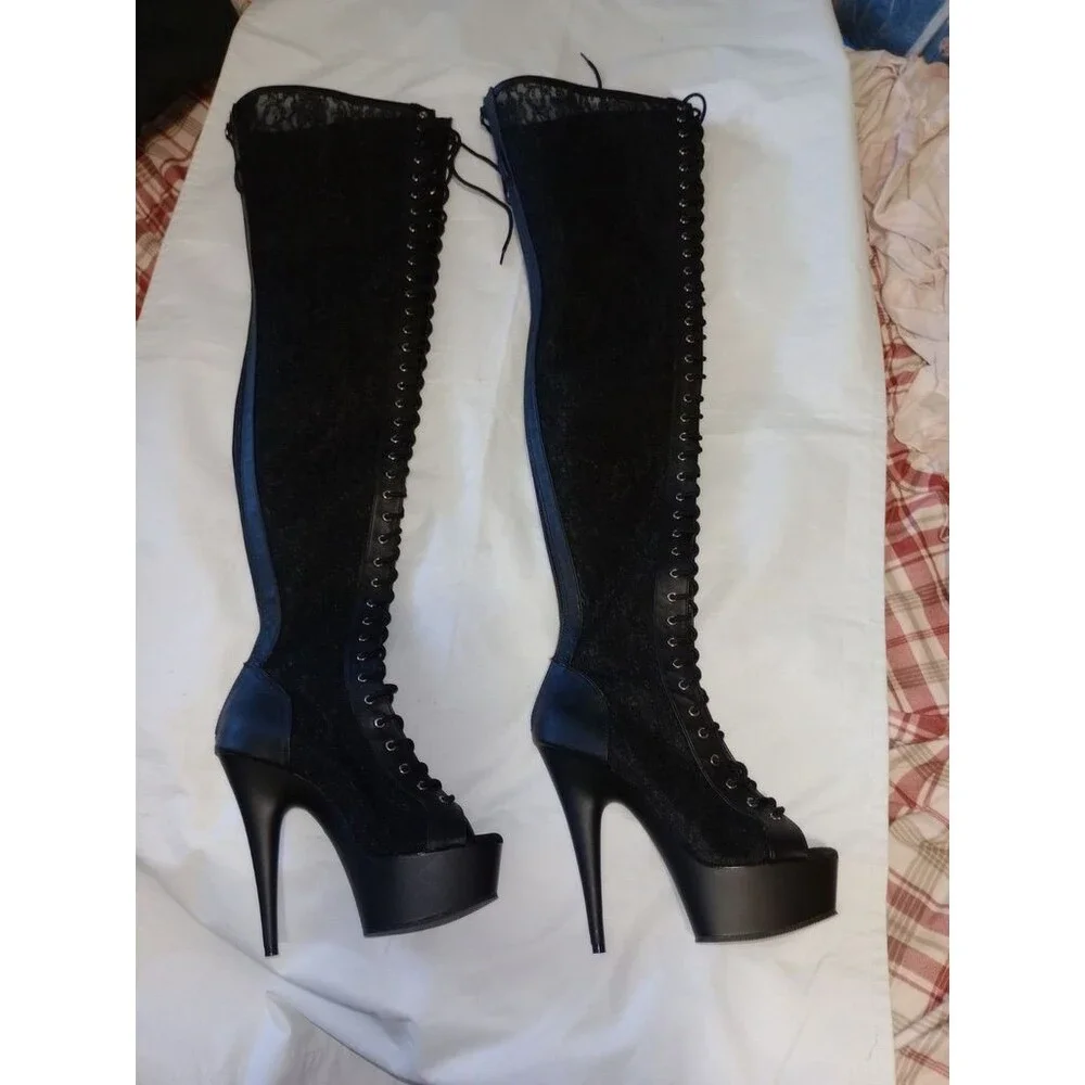 Pleasers Delight Black Lace Panel Platform Thigh High Boots 6